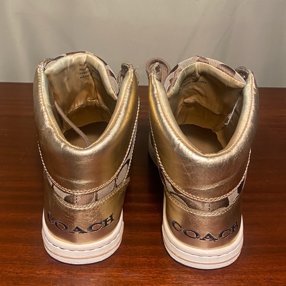 Coach Signature NORRA Khaki Metallic Gold Women’s Hi Top Sneakers size 8.5M - Picture 2 of 6